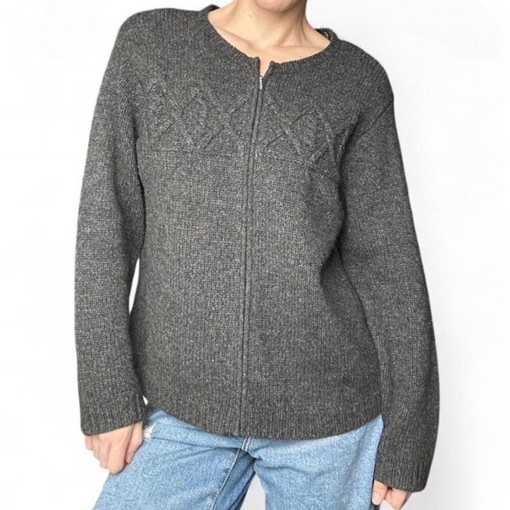 Vintage Talbots 100% Lambs Wool Womens Gray Full Zip Diamond Knit Sweater Size M